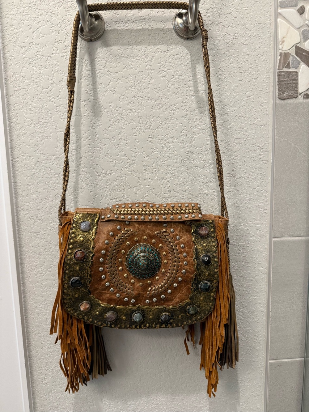 Fringed Tan leather Shoulder Bag with Embellished Medallion